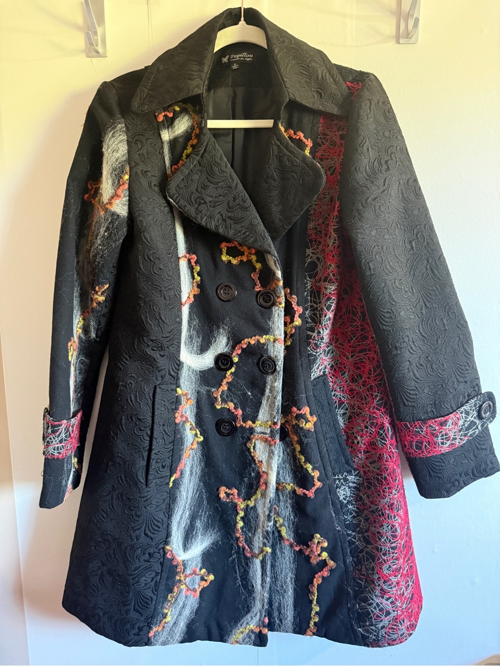 Papillon Vancouver Wearable Art Abstract Embroidered Coat Medium Black Red